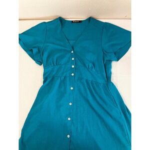 Roylamp Womens Teal Blue Button‎ Front Midi Dress Short Sleeve Pockets Size L